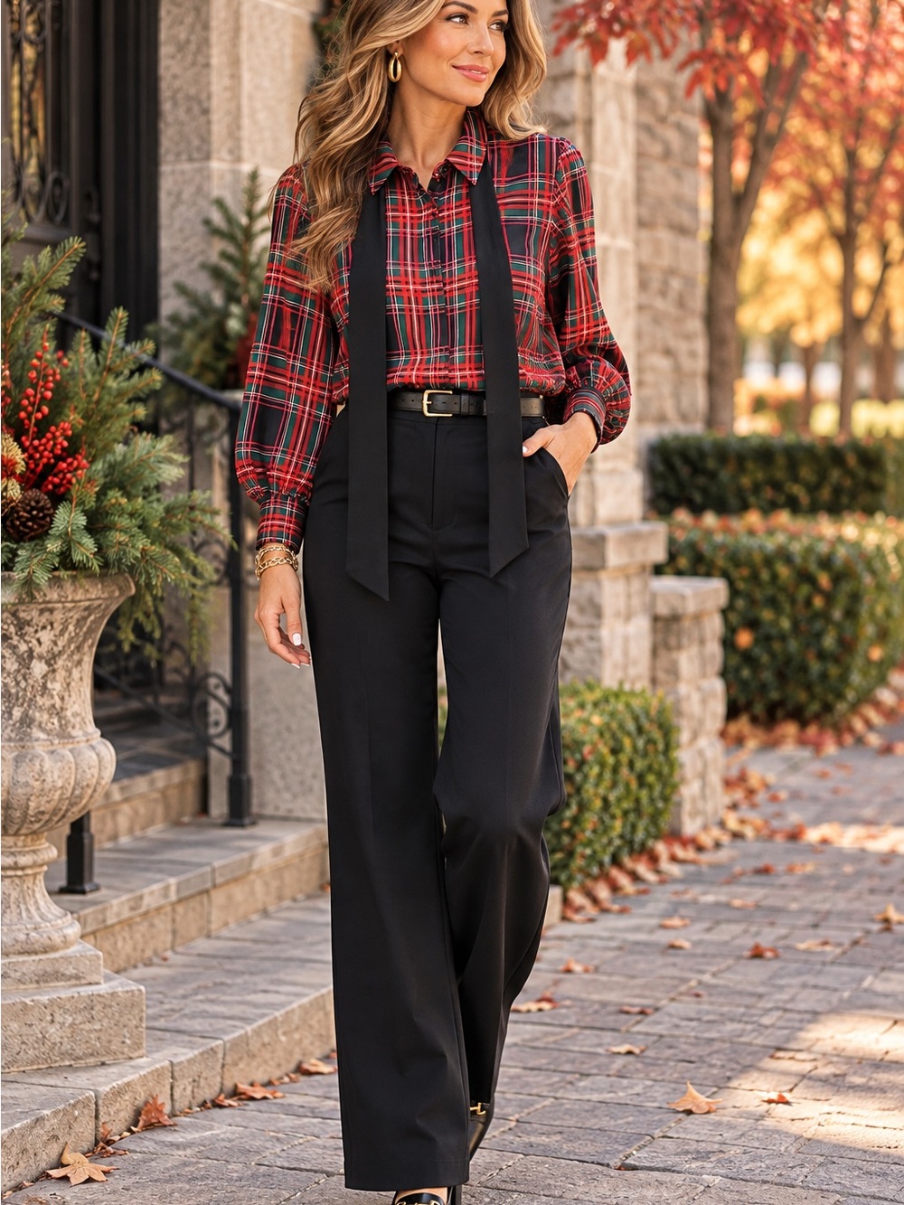 CeCe Tartan Plaid Button Down Tie Neck Blouse Red Green Black Size M